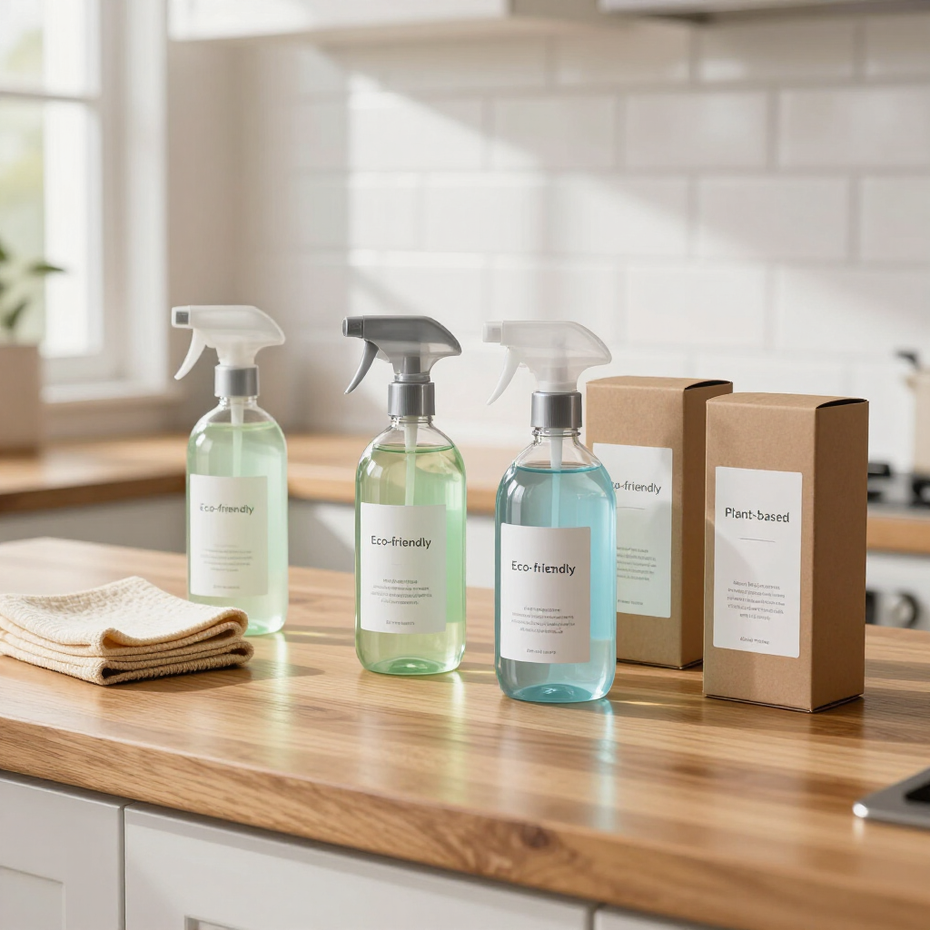Three cleaning spray bottles and two cardboard boxes on a wooden countertop in a bright kitchen