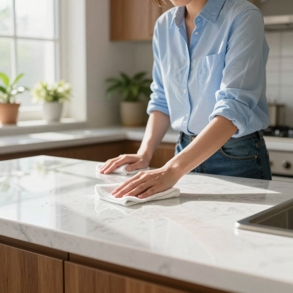 Person wiping a sunlit kitchen island with a white cloth near a window and sink