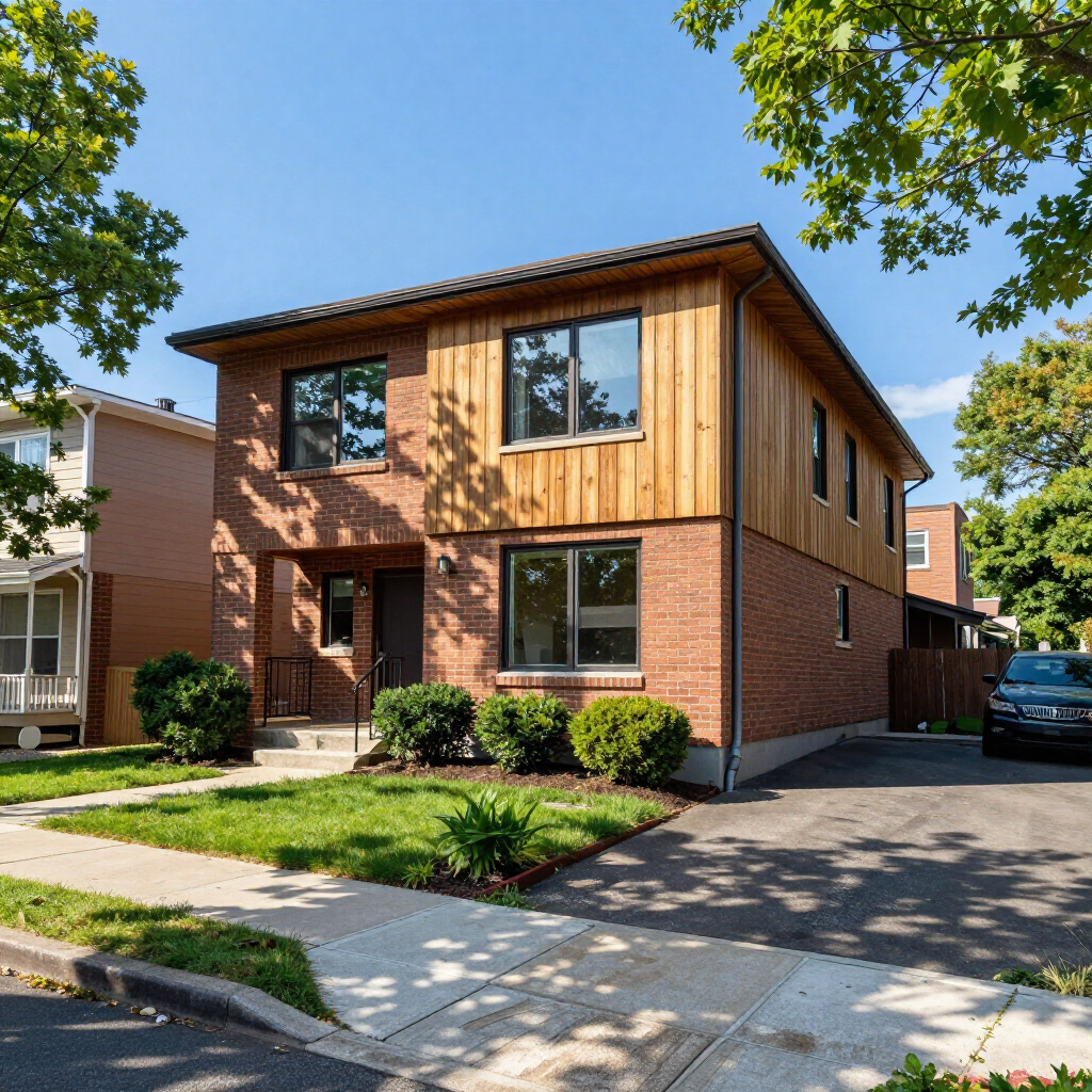 Two-story brick and wood apartment building with a driveway, sidewalk, and small front lawn on a sunny day