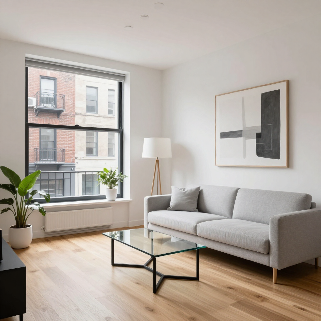 Bright modern living room with gray sofa, glass coffee table, floor lamp, plants, and large window.