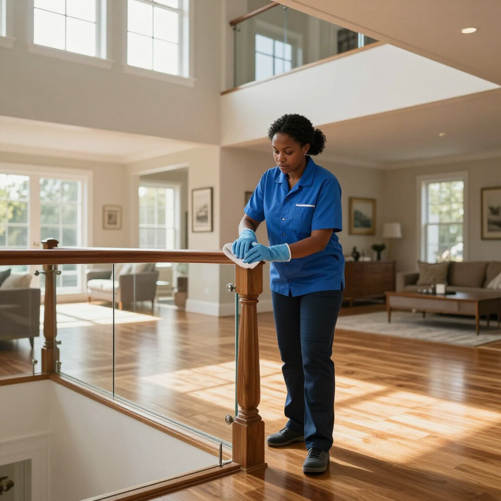Cleaner wiping a wooden stair railing in a sunlit lobby with hardwood floors