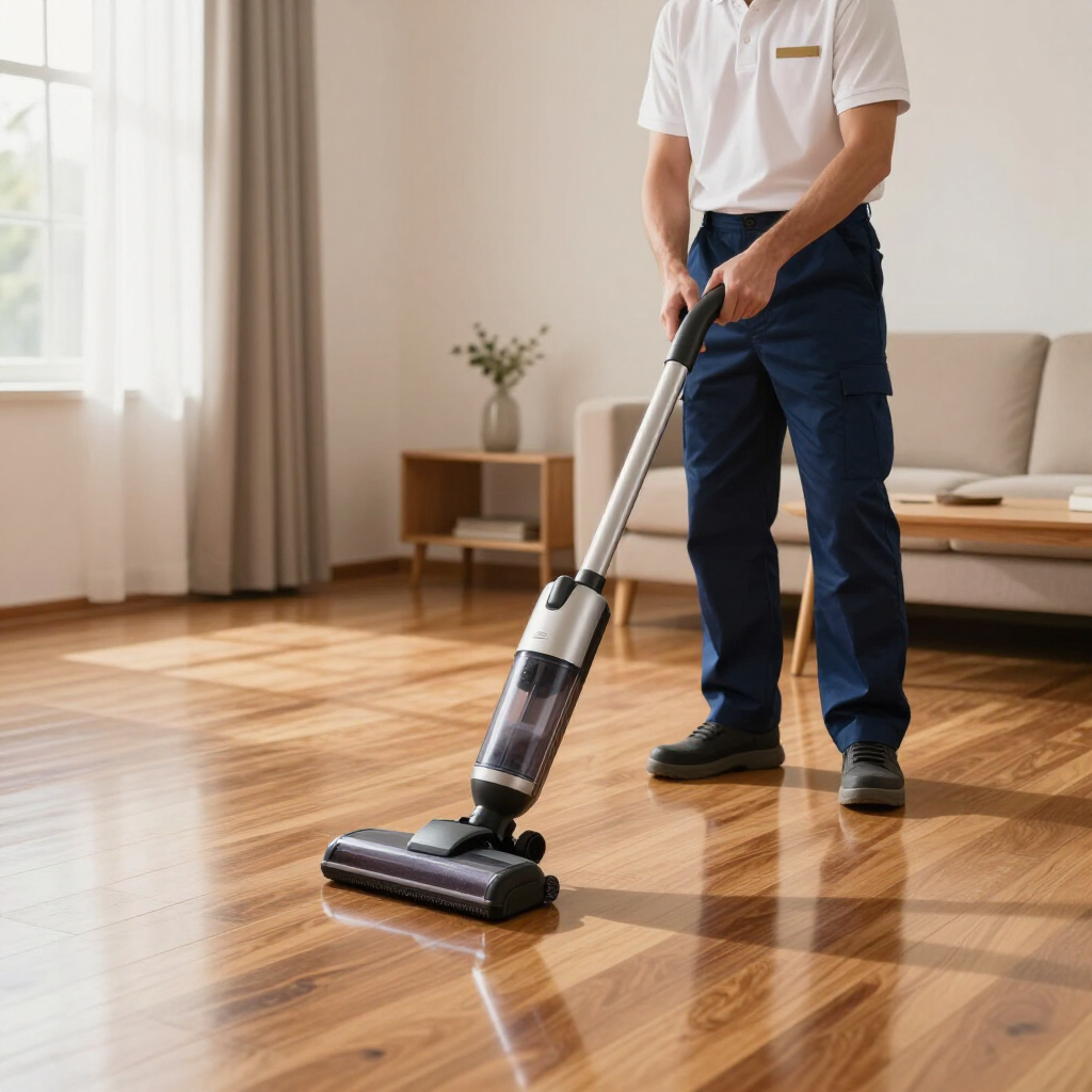 Person vacuuming a hardwood floor in a bright living room