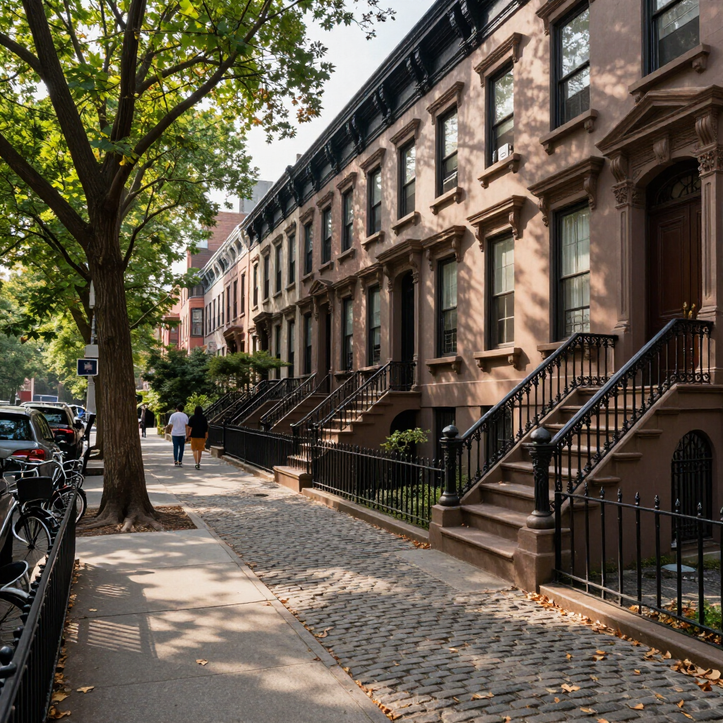 Tree-lined city sidewalk beside brownstone row houses with stoops and parked cars