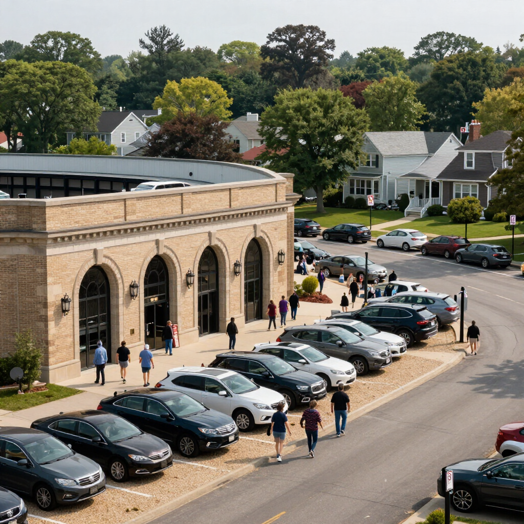 Aerial view of a stone building with arched windows, parked cars, and people gathered outside on a sunny street.