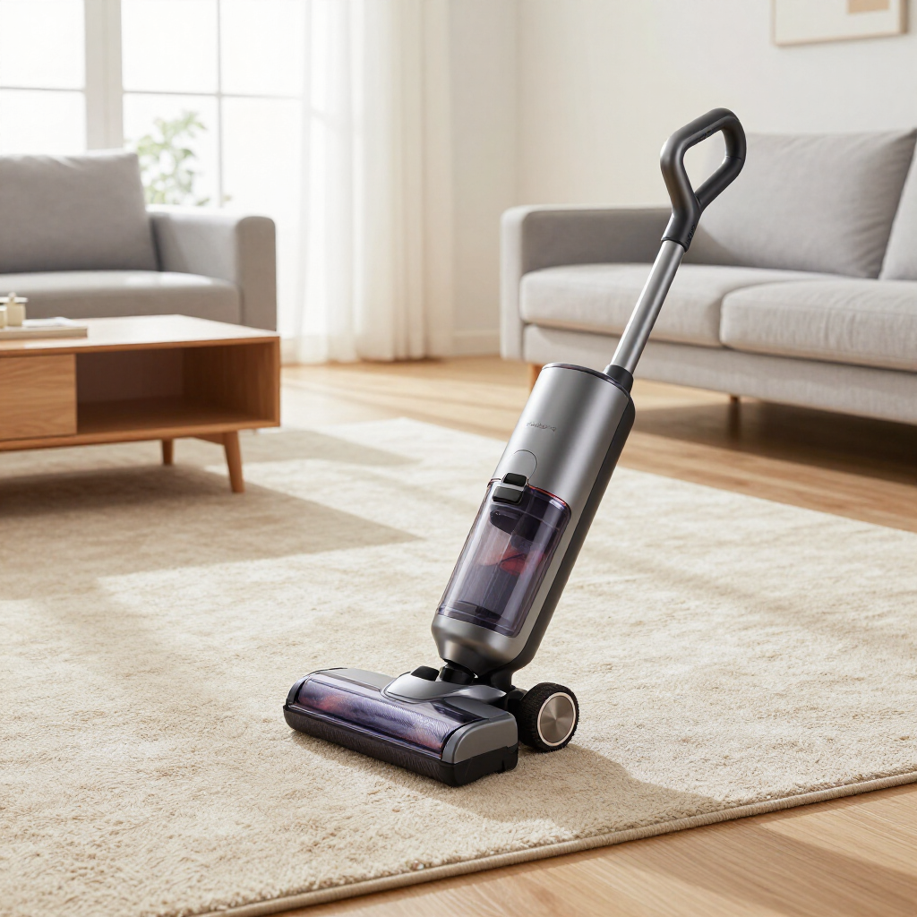 Cordless stick vacuum on a beige rug in a bright living room