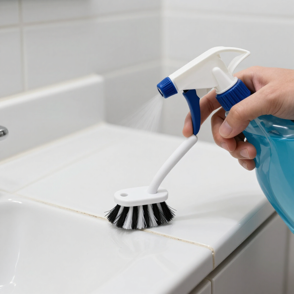 Hand spraying cleaner onto a white bathroom sink while scrubbing with a brush