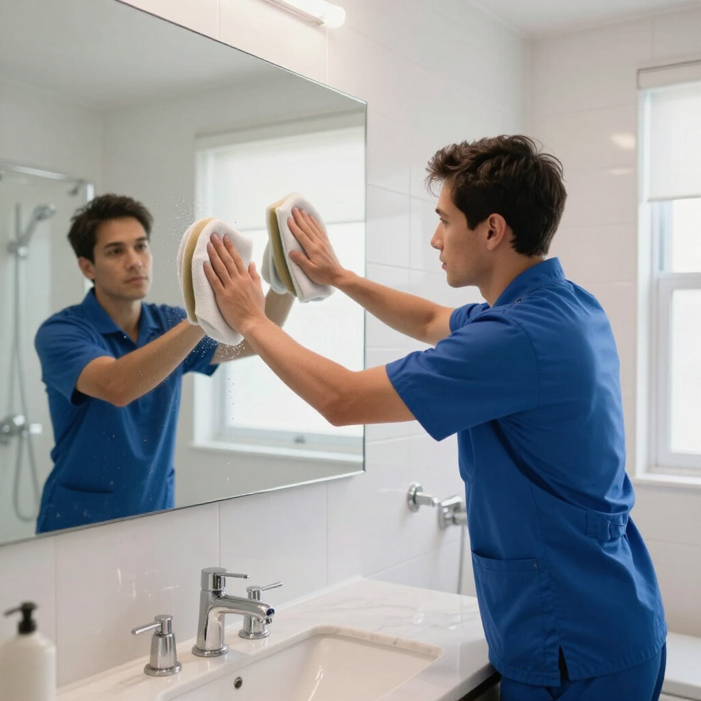Man cleaning a bathroom mirror in blue scrubs, wiping the glass with a cloth.