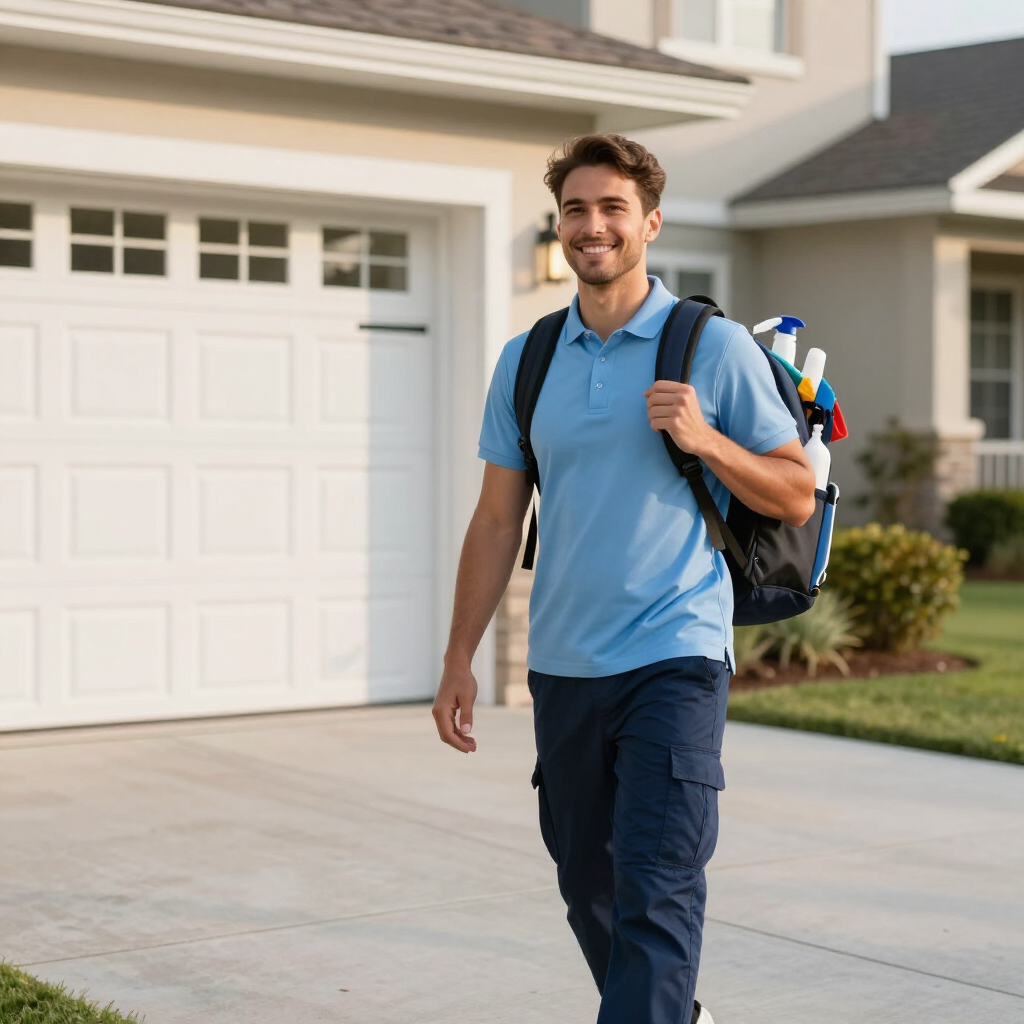 Smiling person with backpack and cleaning supplies walking up a suburban driveway