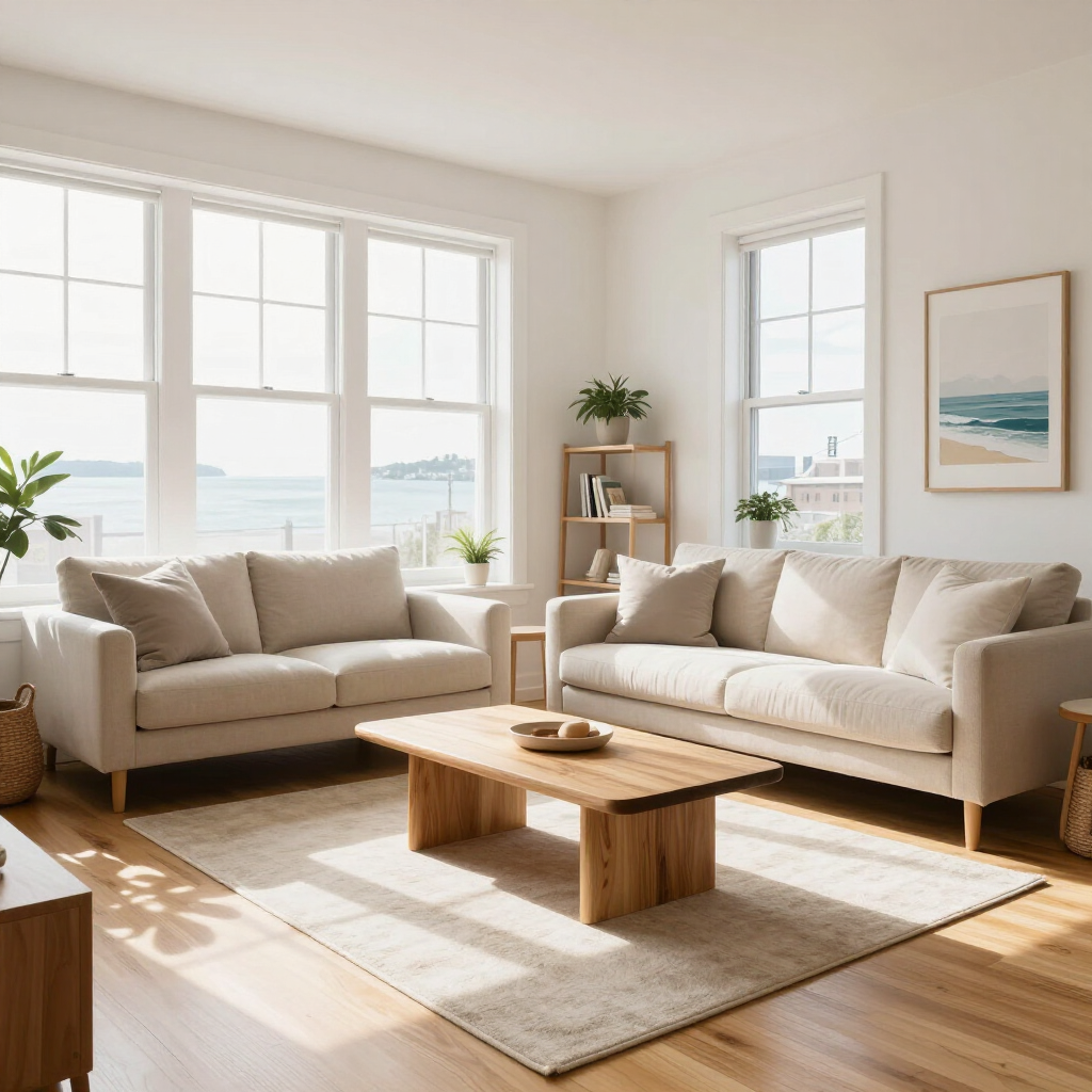 Bright sunlit living room with two beige sofas, wooden coffee table, rug, and ocean view windows