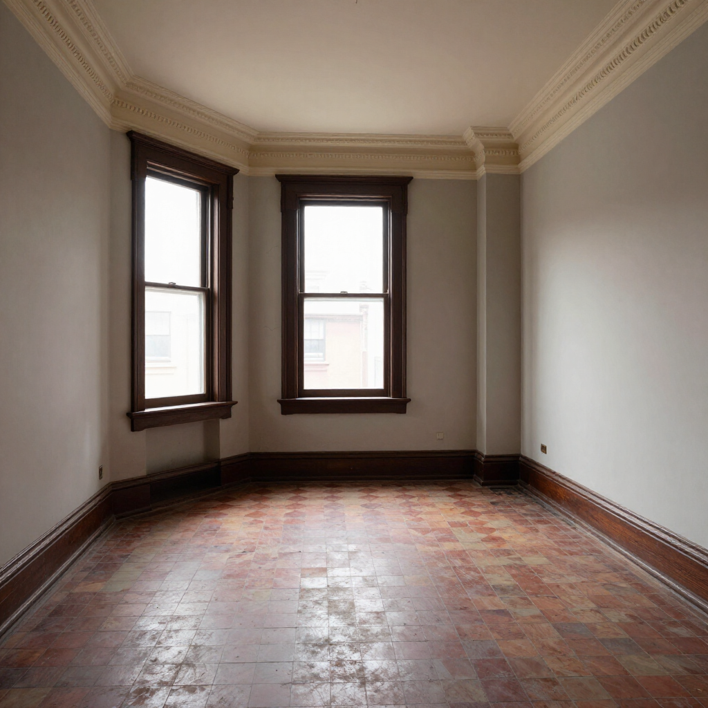 Empty beige room with two windows, dark wood trim, and worn reddish tile floor