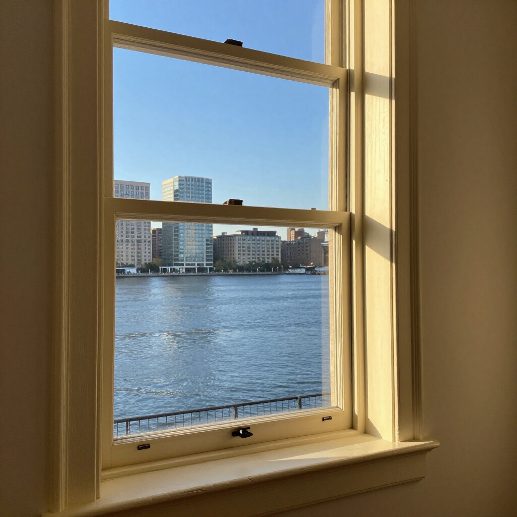View through a window to a river and distant buildings on a sunny day