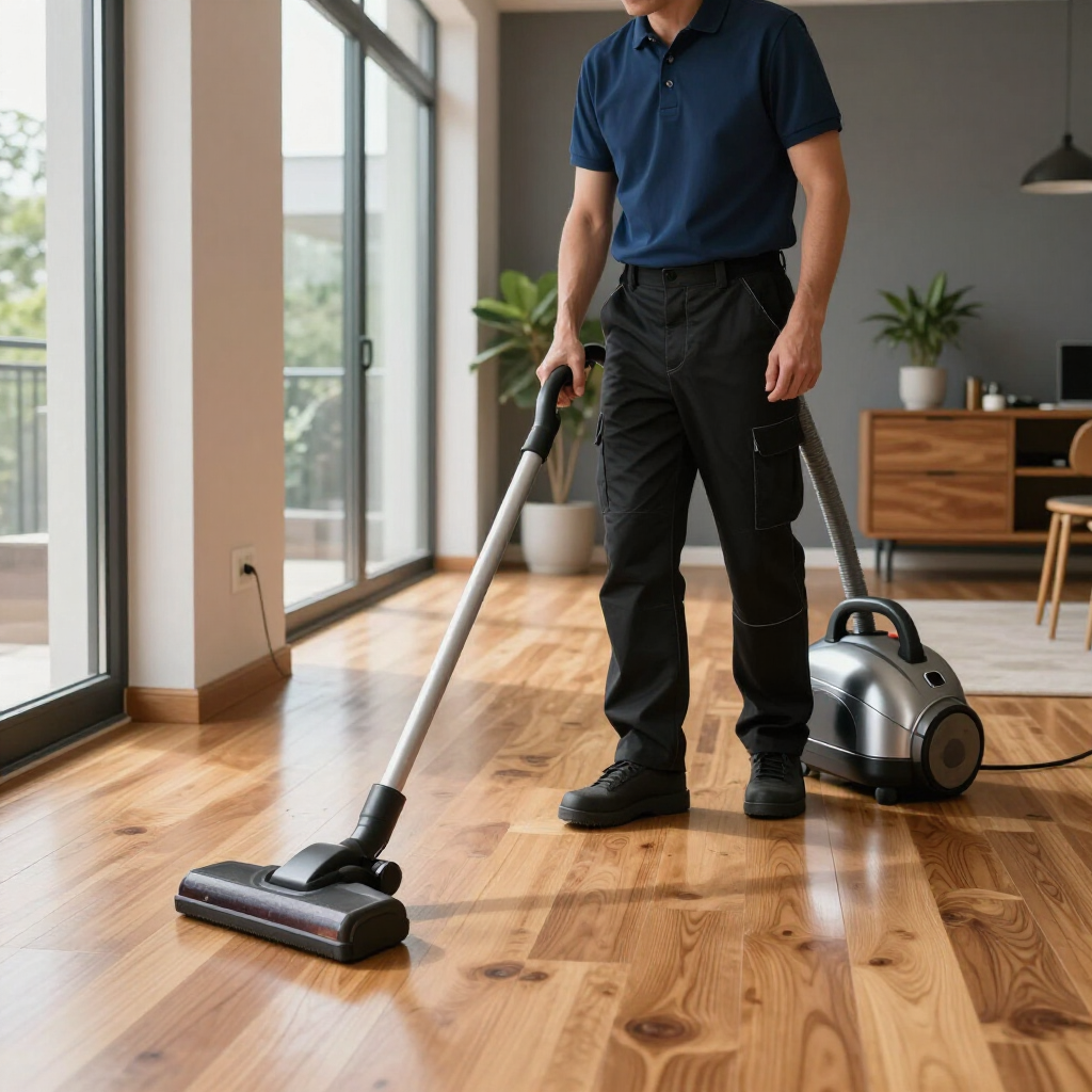 Person vacuuming a wooden floor in a bright living room with a canister vacuum