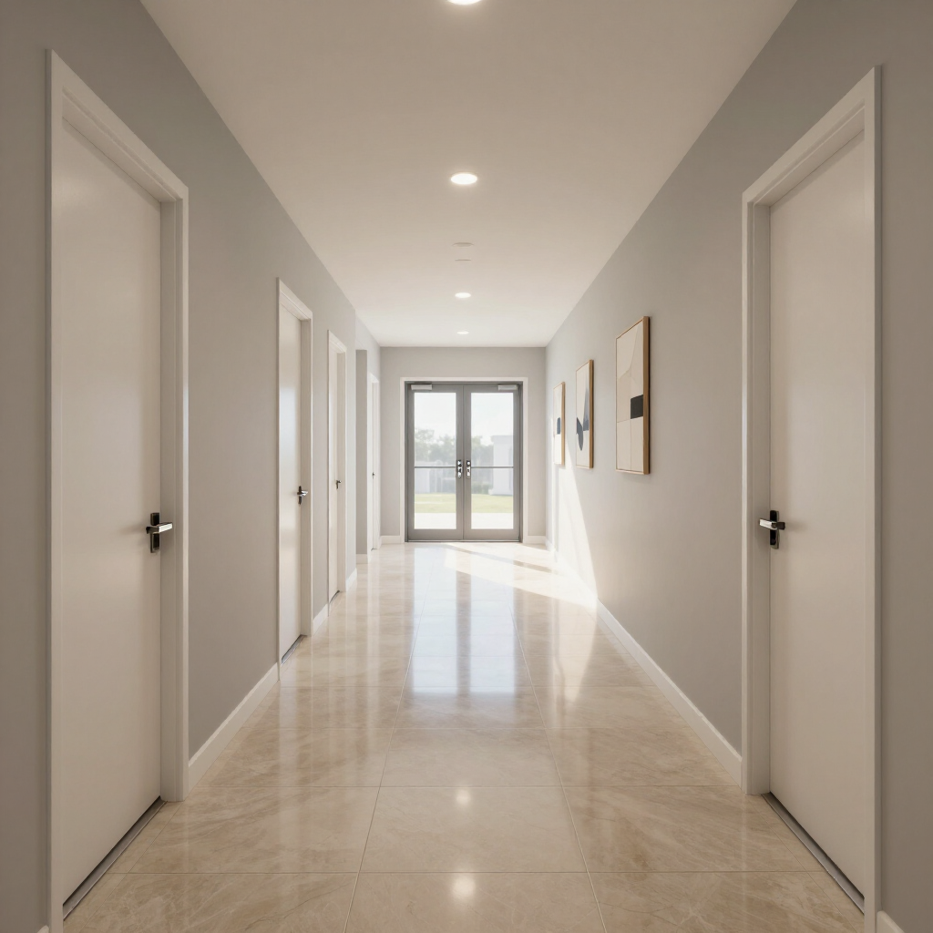 Bright, modern hallway with white doors, recessed lights, and a glossy tiled floor leading to a window.