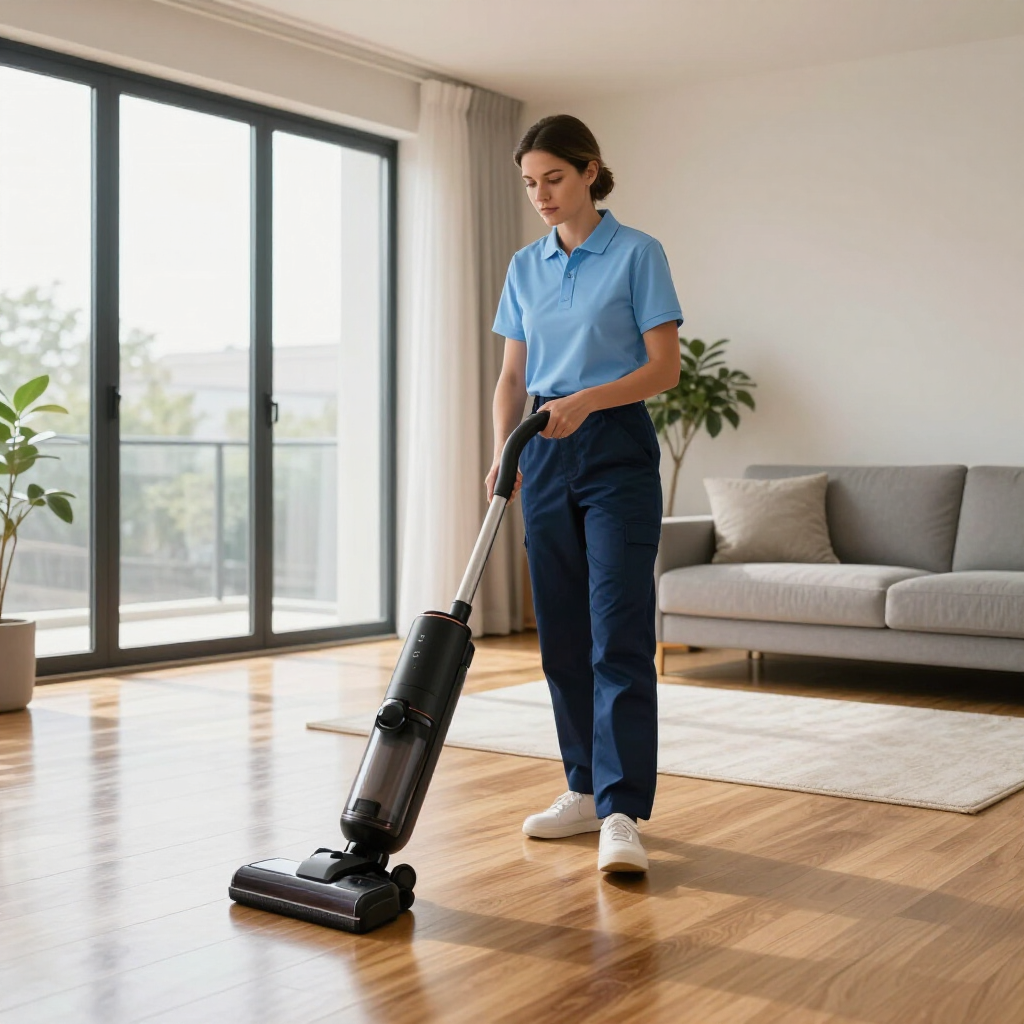 Person vacuuming a bright living room with a cordless stick vacuum