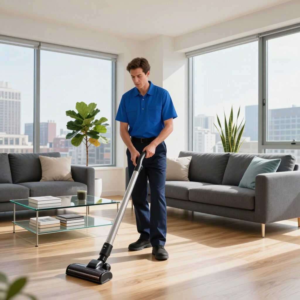 Man vacuuming a bright living room with gray sofas and large windows