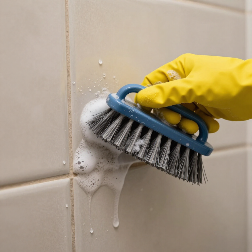 Yellow-gloved hand scrubbing a soapy bathroom tile with a blue brush