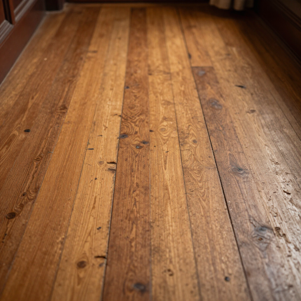 Weathered wooden floorboards in a warmly lit room