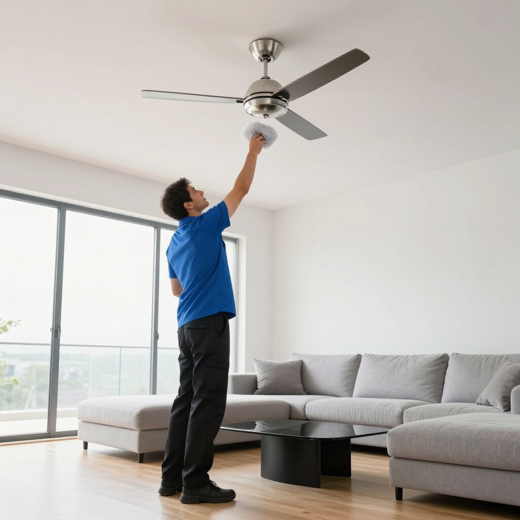 Person cleaning a ceiling fan in a bright living room with gray sofa and large windows