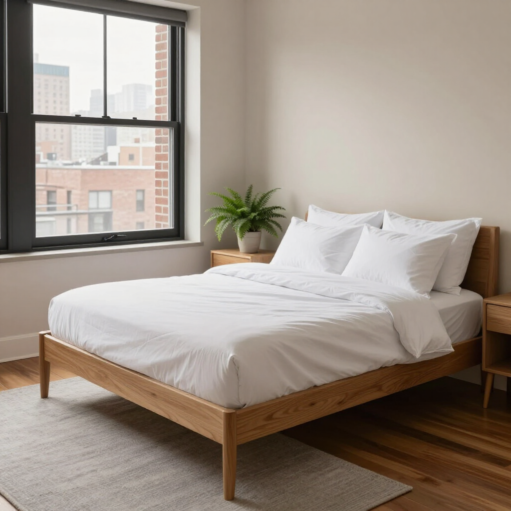 Bright bedroom with a wooden bed, white bedding, window, and small potted plant by the wall