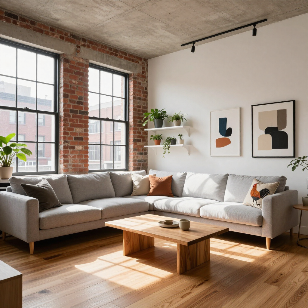 Sunlit modern living room with gray sectional sofa, wooden coffee table, brick windows, and abstract wall art