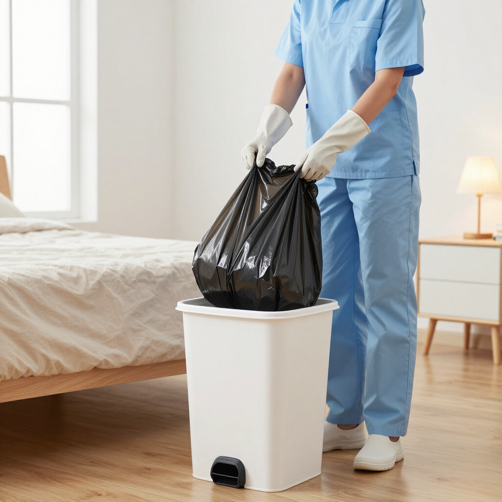 Healthcare worker in blue scrubs bags trash beside a hospital bed and bin in a patient room