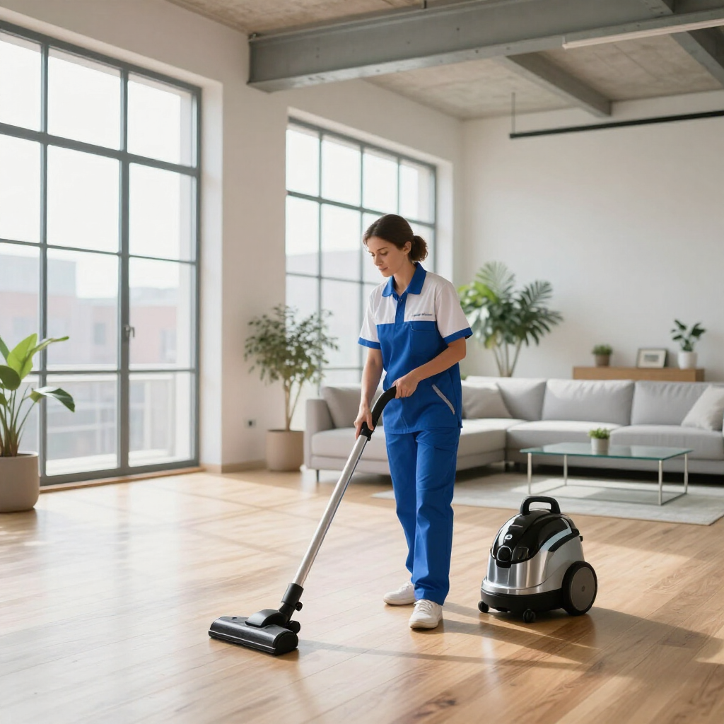 Person vacuuming a bright living room beside a canister vacuum cleaner and large windows