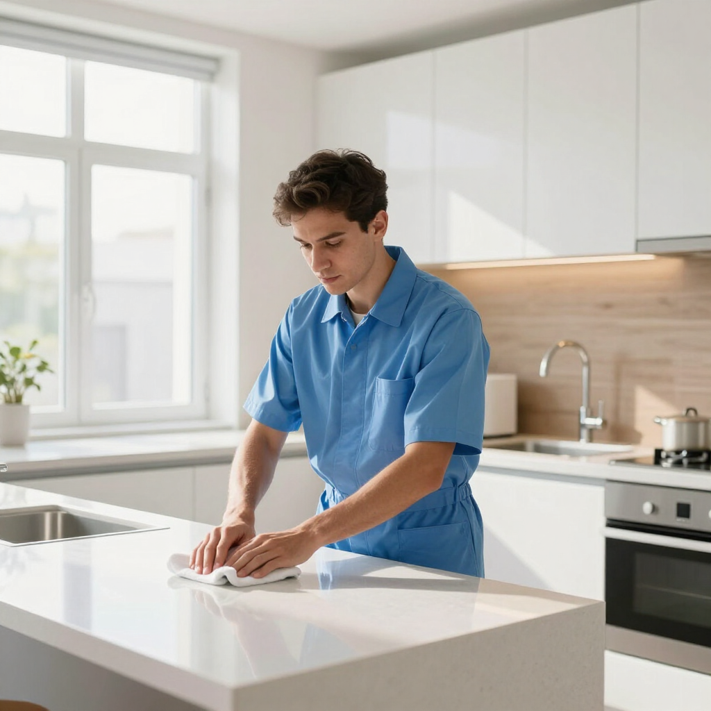 Person wiping a white kitchen island with a cloth in a bright modern kitchen