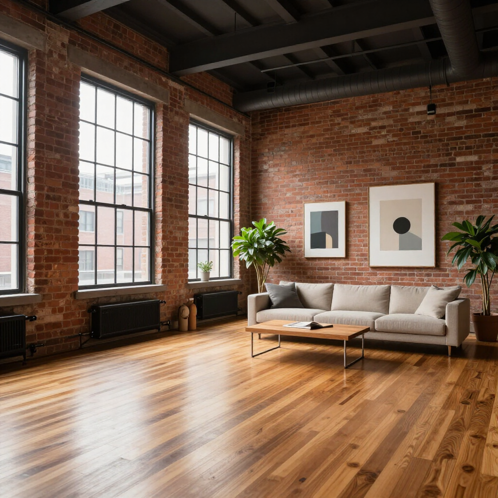 Spacious loft living room with brick walls, large windows, wooden floors, and a beige sofa with plants and wall art.