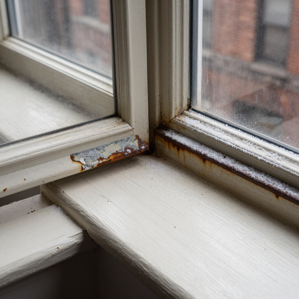 Close-up of a windowsill corner with peeling white paint and rust stains along the frame.