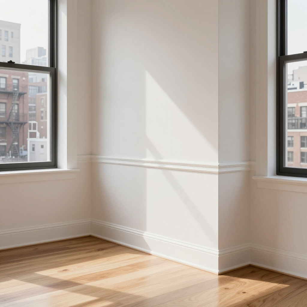 Sunlit empty room with white walls, wood floor, and two black-framed windows