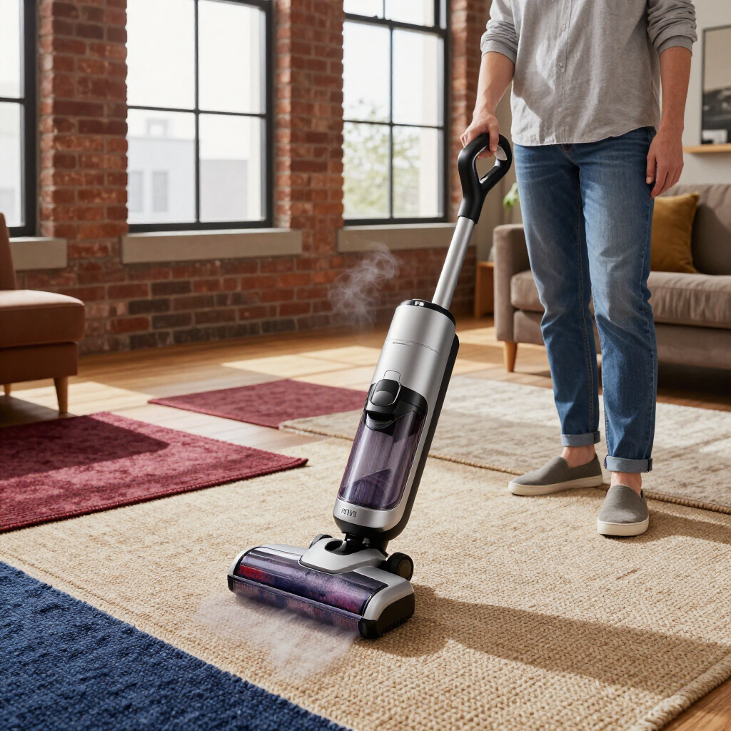 Person vacuuming a beige rug in a sunlit living room with brick walls and large windows