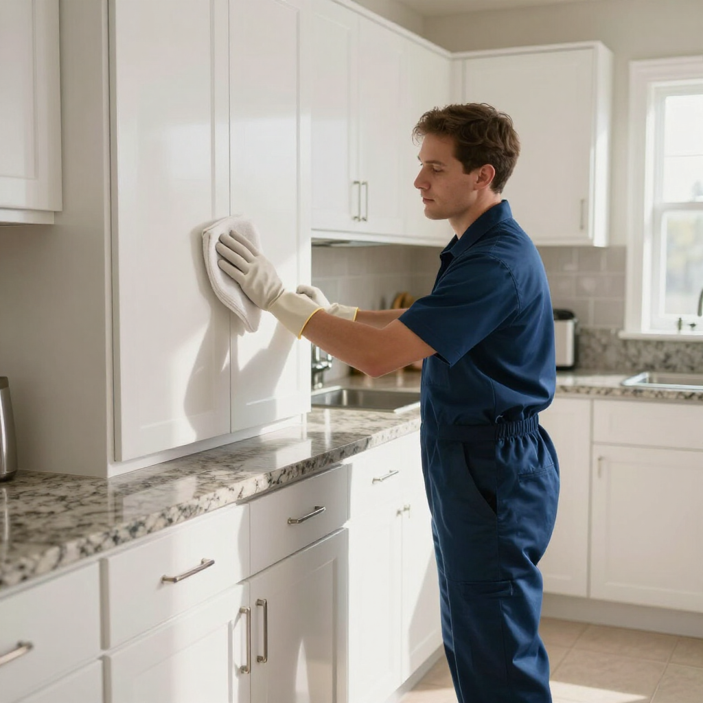 Person in blue coveralls wiping a white kitchen cabinet with a cloth