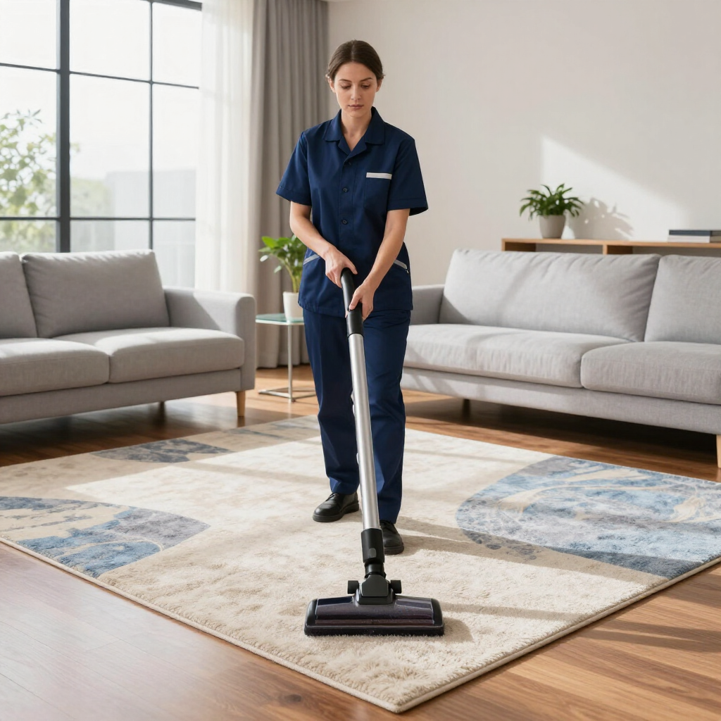 Cleaner vacuuming a bright living room with a carpet and sofas