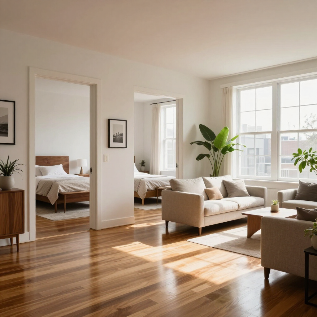 Bright living room with beige sofa, wood floors, large windows, and a bedroom visible through an open doorway