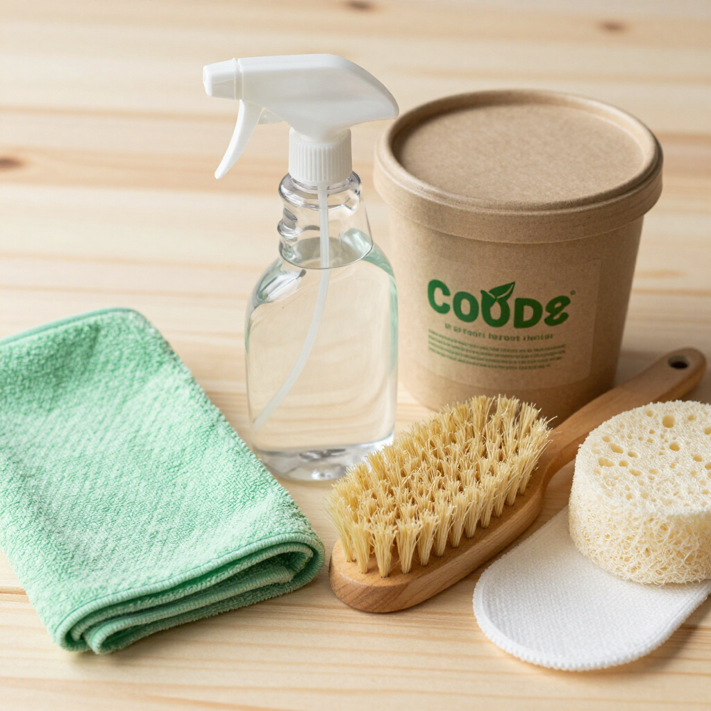 Zero-waste cleaning kit with spray bottle, brushes, cloth, sponge, and kraft paper container on wood surface