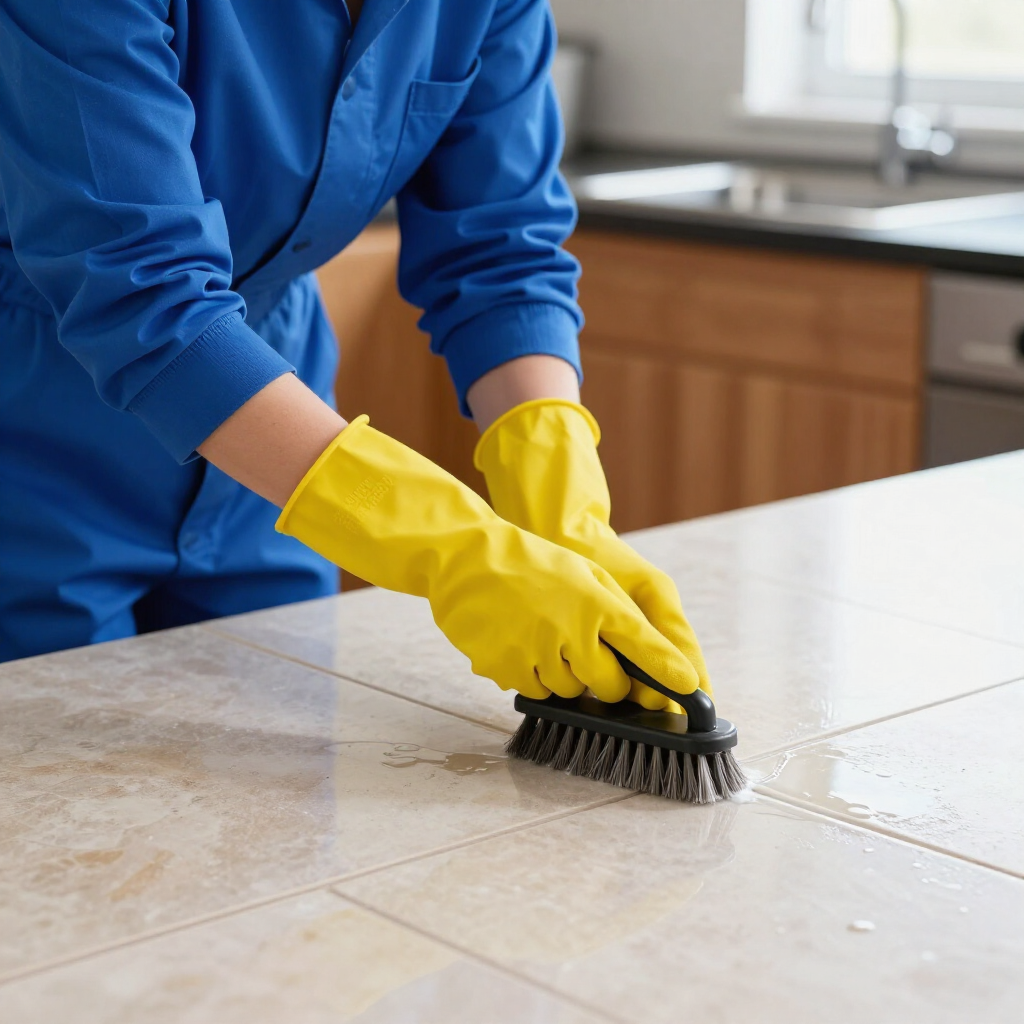 Person in blue shirt and yellow gloves scrubbing a tiled countertop with a brush