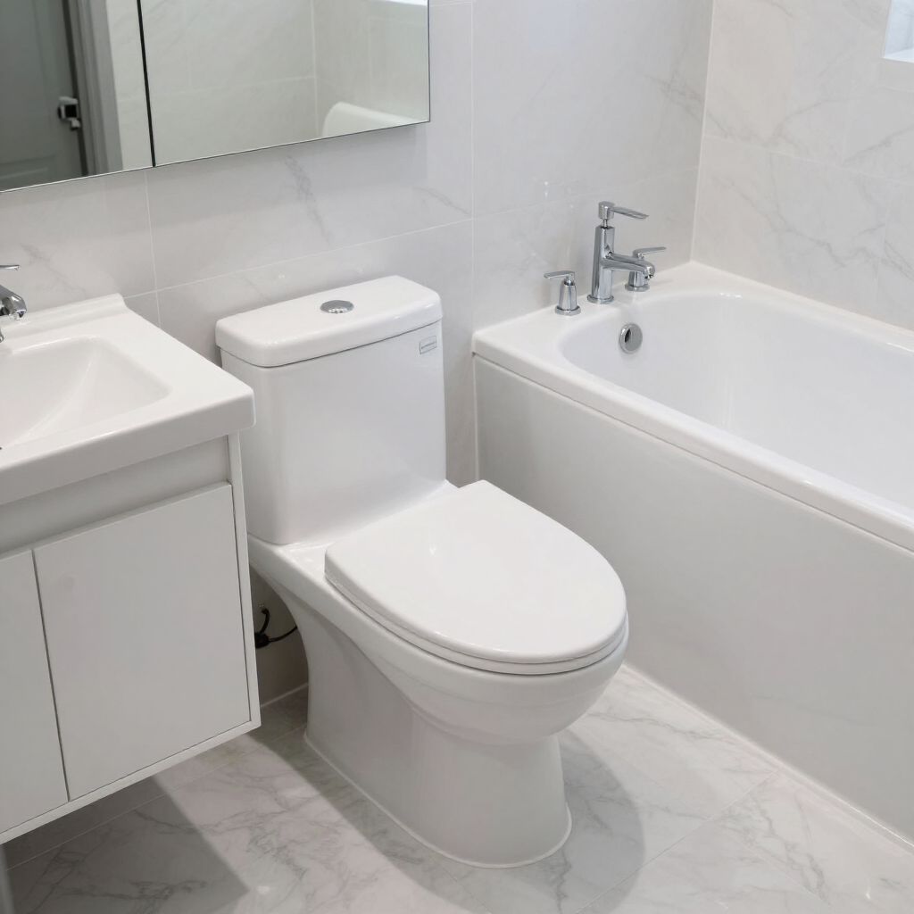 Bright white bathroom with sink, toilet, bathtub, and mirror on tiled floor.