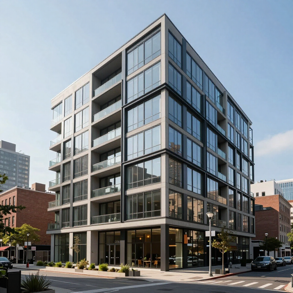 Modern glass-and-steel office building on a city street corner under a clear sky