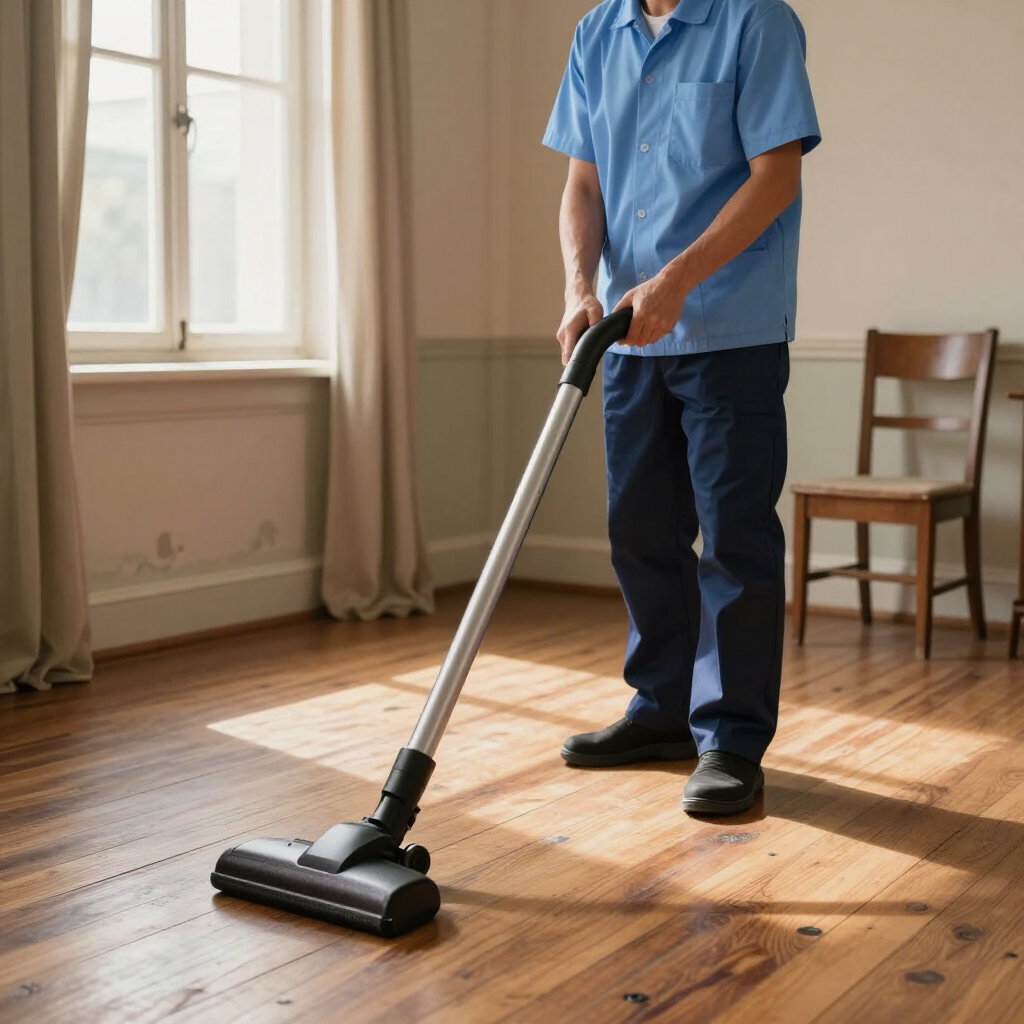 Vacuuming a sunlit wooden floor in a sparse room