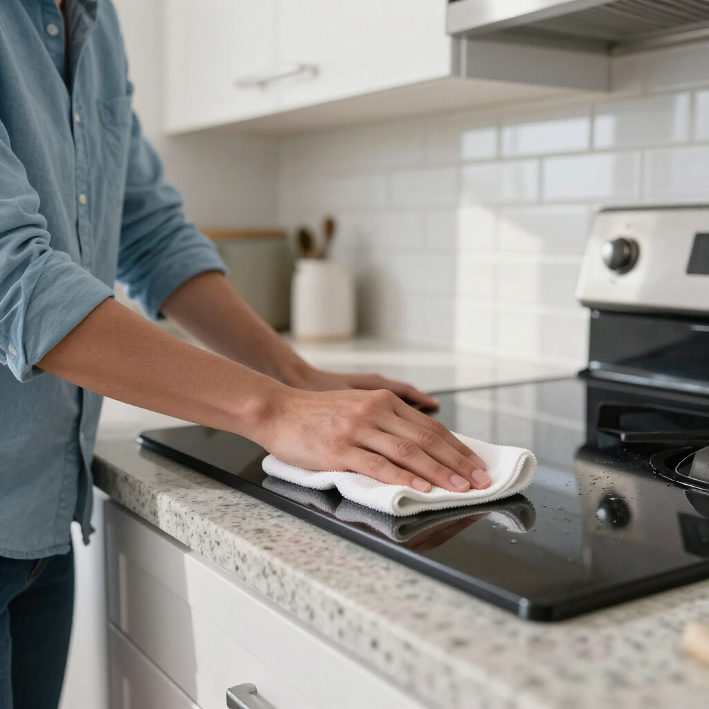 Person wiping a black stovetop in a bright kitchen with a white cloth
