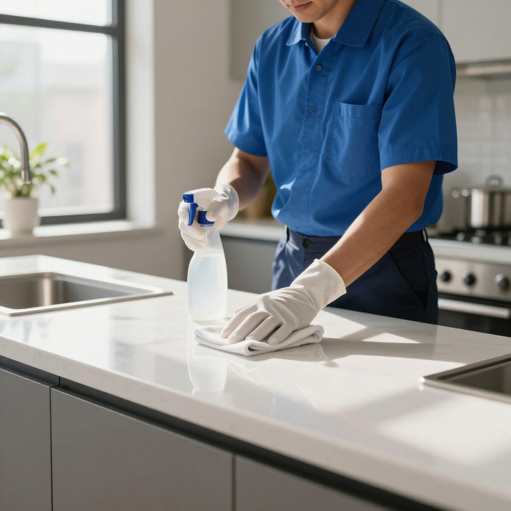 Person in blue shirt spraying and wiping a kitchen counter with a cleaning cloth
