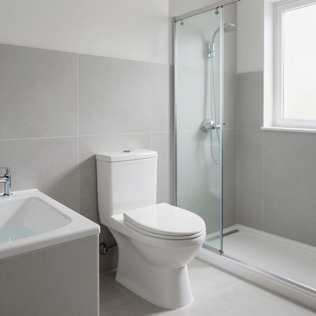 Modern bathroom with a toilet, sink, and glass shower enclosure