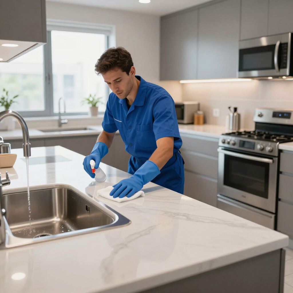 Person cleaning a white kitchen counter beside a stainless steel sink and stove.