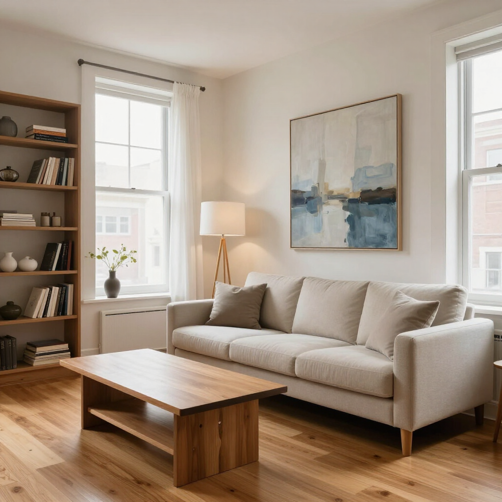 Bright modern living room with beige sofa, wooden coffee table, bookshelf, lamp, and abstract wall art.