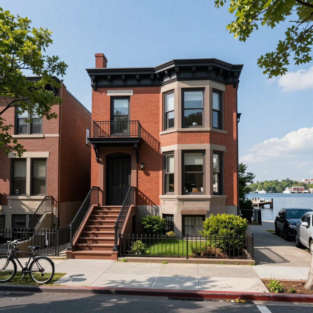 Red brick townhouse with front stoop and bay windows on a sunny street by the waterfront
