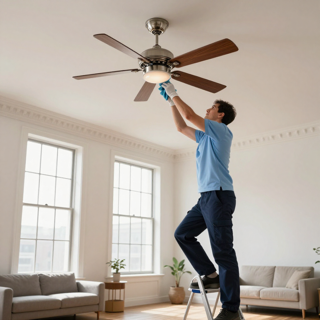 Man on a step ladder changing a ceiling fan in a bright living room