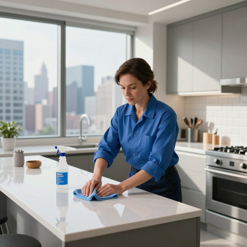 Person wiping a kitchen island with a cloth beside a spray cleaner in a bright modern kitchen