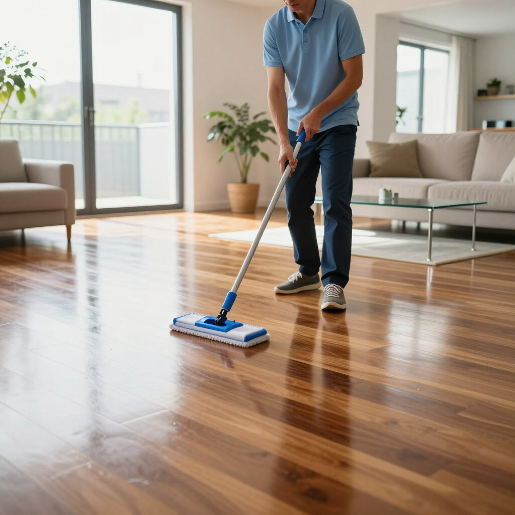 Person mopping a shiny wooden floor in a bright living room