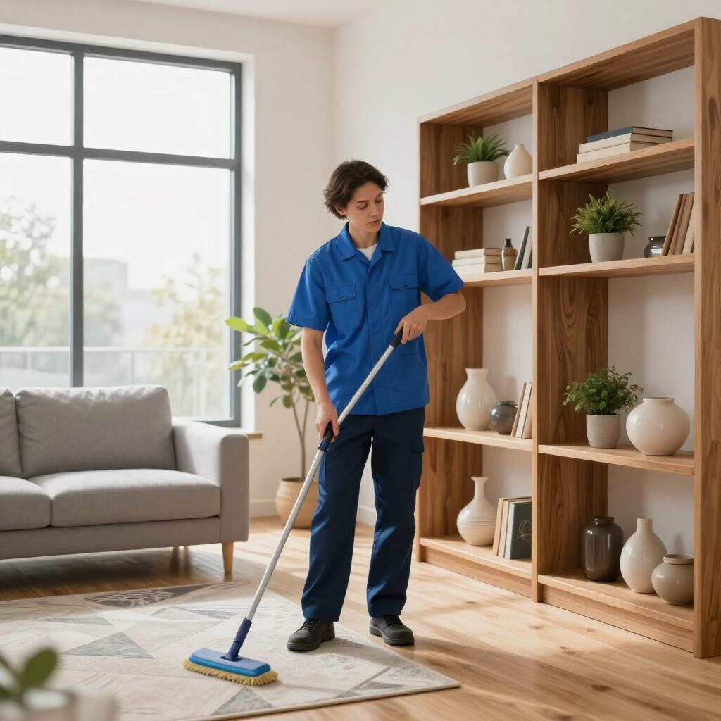 Person mopping a sunlit living room beside a sofa and wooden shelves.