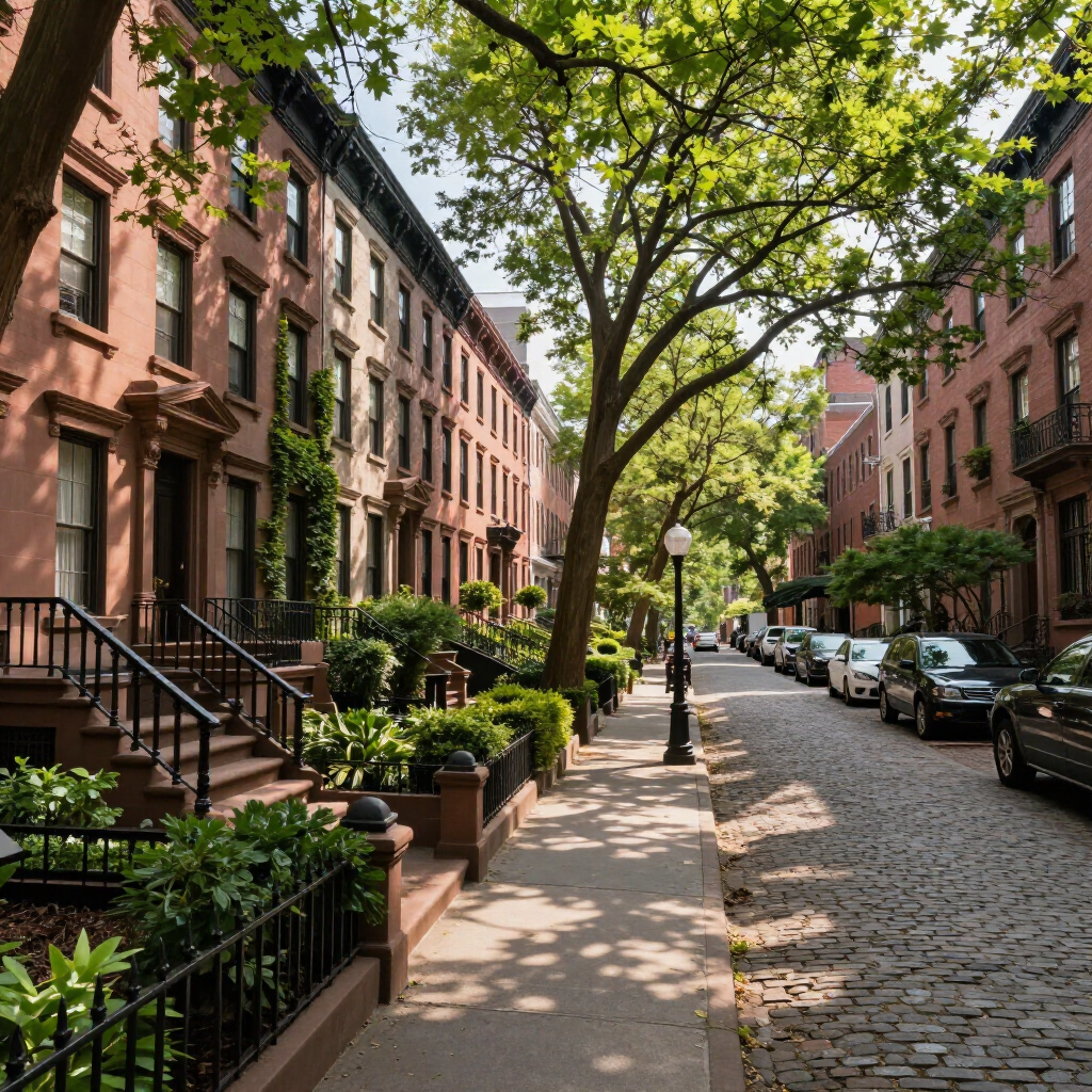 Sunlit cobblestone street lined with brownstone apartments and trees in a quiet neighborhood